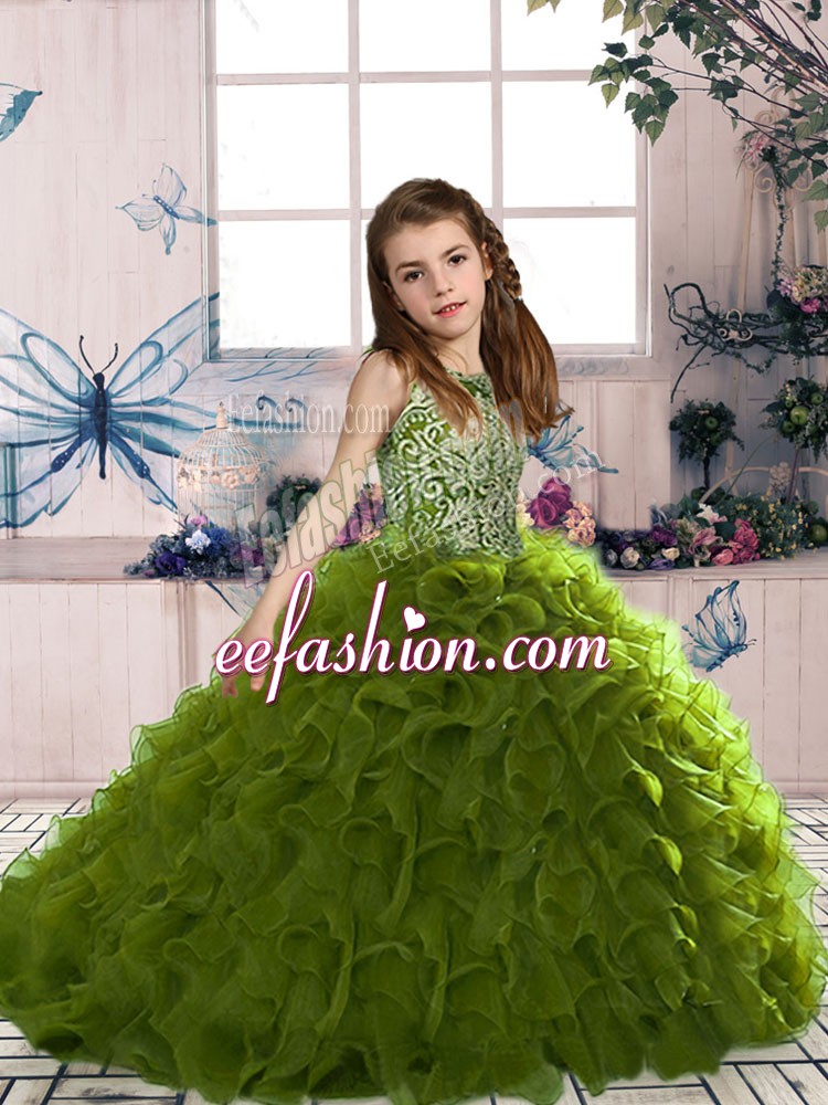  Olive Green Sleeveless Floor Length Beading and Ruffles Lace Up Pageant Dress Toddler
