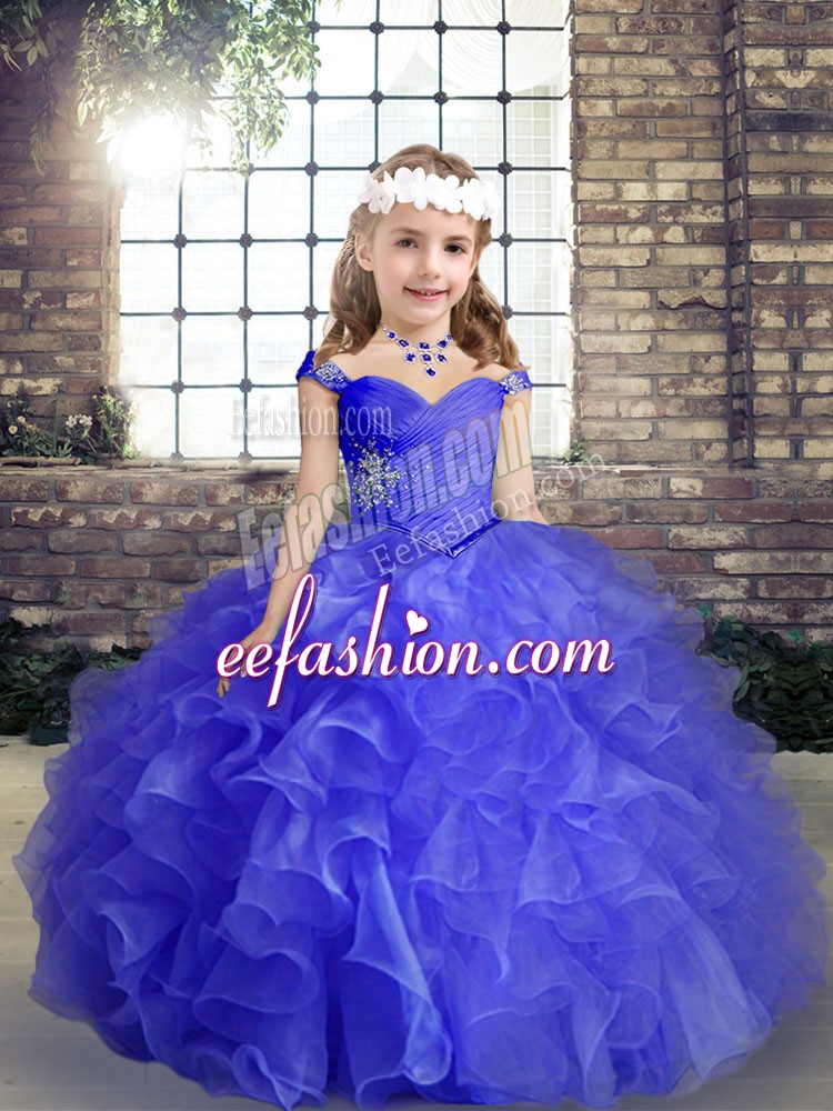  Beading and Ruffles and Ruching Little Girls Pageant Gowns Blue Lace Up Sleeveless Floor Length