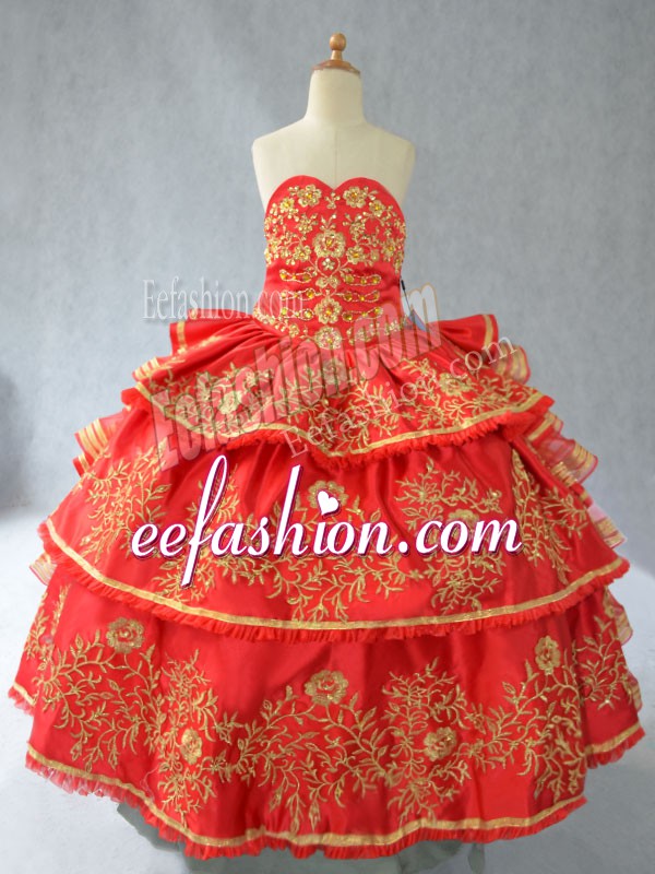  Red Lace Up Little Girl Pageant Dress Embroidery and Ruffled Layers Sleeveless Floor Length