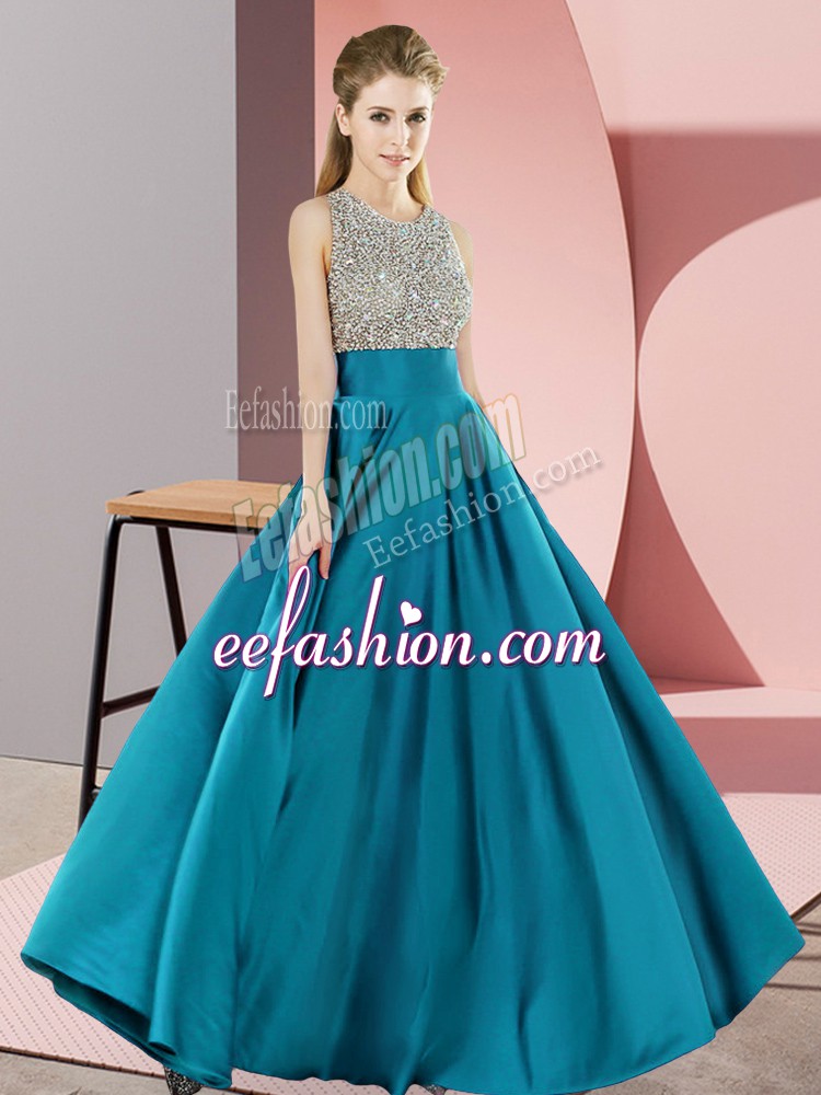  Teal Scoop Backless Beading Prom Gown Sleeveless