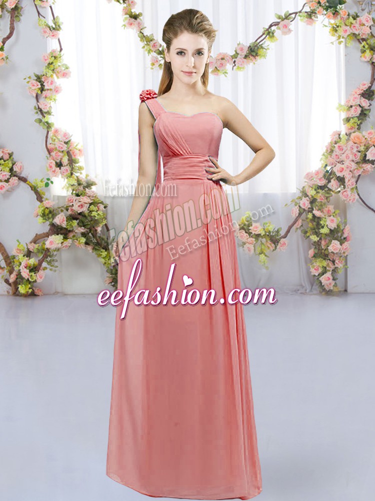  Watermelon Red Chiffon Lace Up Wedding Party Dress Sleeveless Floor Length Hand Made Flower