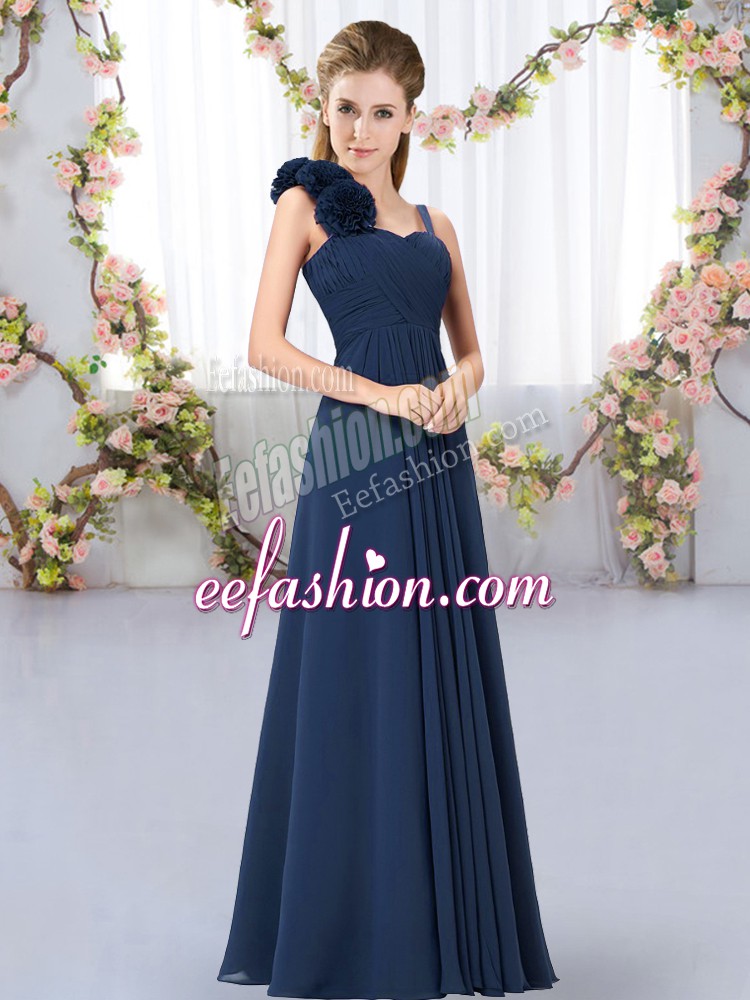  Navy Blue Sleeveless Chiffon Lace Up Quinceanera Court of Honor Dress for Wedding Party