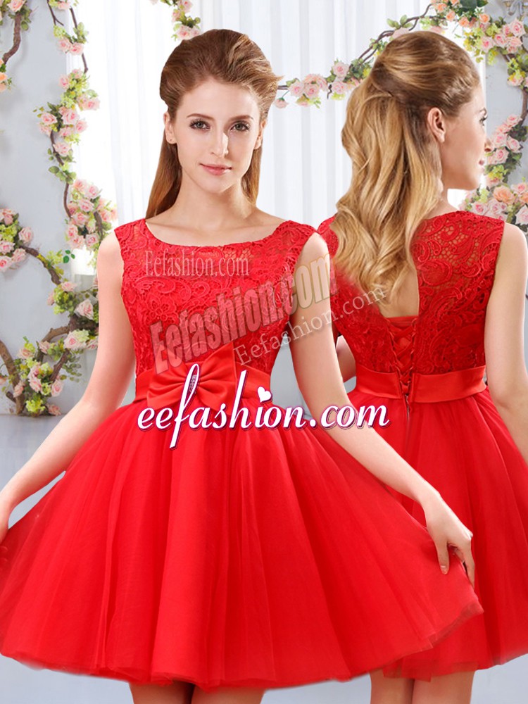 Glamorous Red Sleeveless Mini Length Lace and Bowknot Lace Up Wedding Guest Dresses