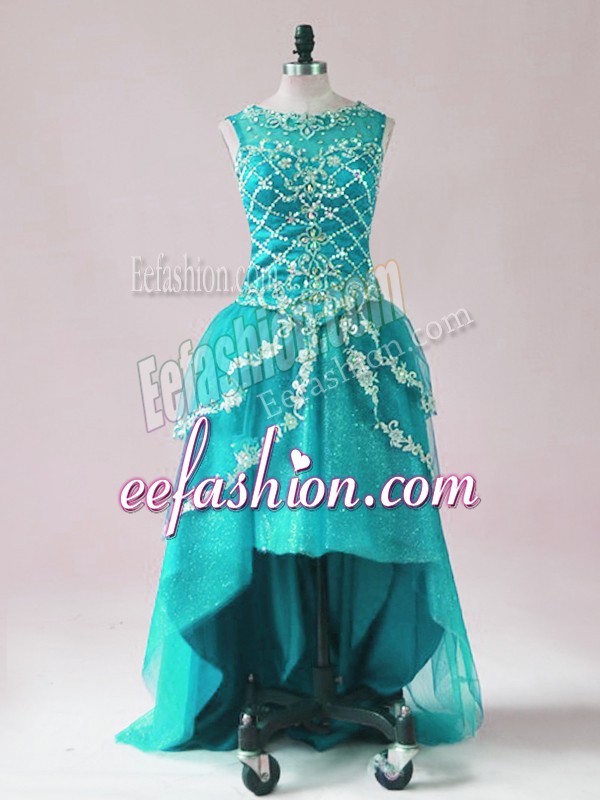  Teal Sleeveless Beading and Appliques High Low Homecoming Dress