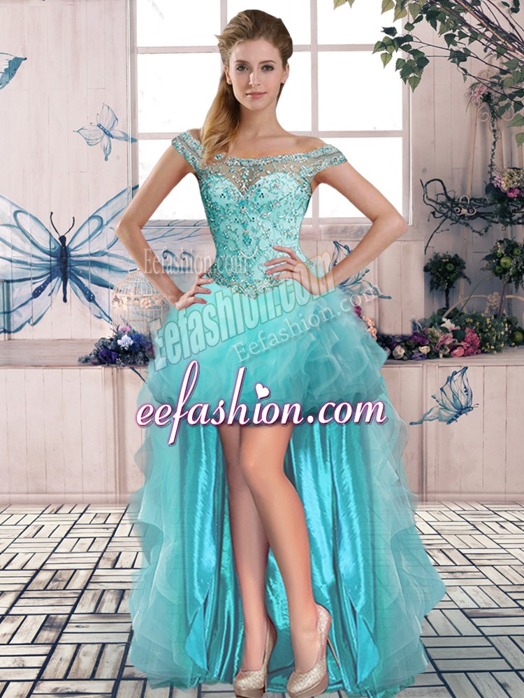  Aqua Blue Lace Up Dress for Prom Beading and Ruffles Sleeveless High Low