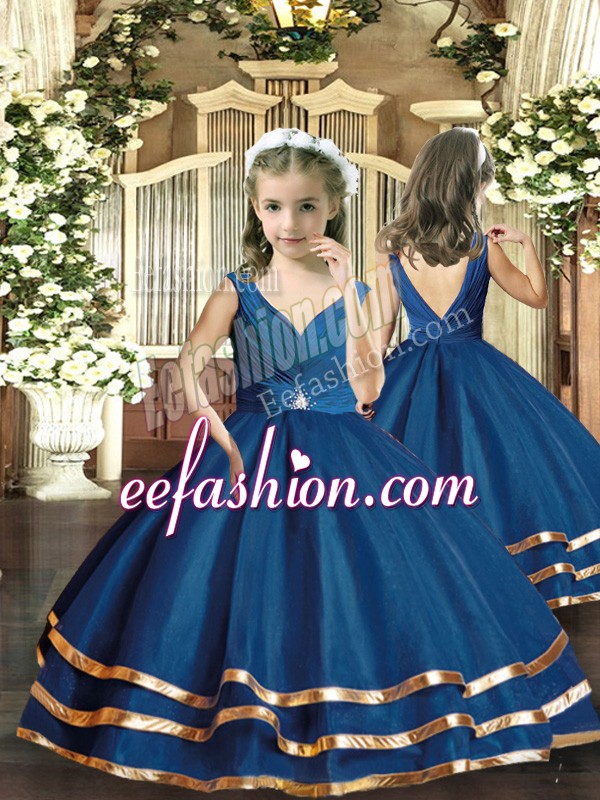 Lovely Navy Blue Organza Backless Pageant Dress Toddler Sleeveless Floor Length Beading