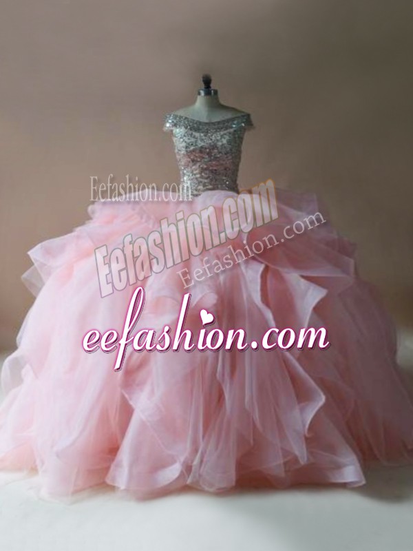  Pink Ball Gowns Off The Shoulder Sleeveless Tulle Brush Train Lace Up Beading and Ruffles Quince Ball Gowns