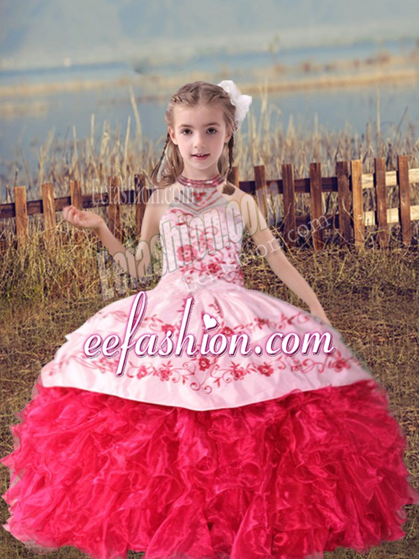 Fantastic Floor Length Coral Red Pageant Dress for Teens Halter Top Sleeveless Lace Up