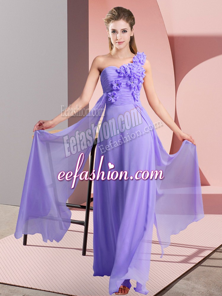  Sleeveless Floor Length Hand Made Flower Lace Up Bridesmaid Gown with Lavender