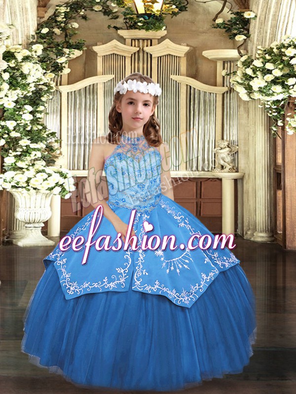  Blue Sleeveless Floor Length Embroidery Lace Up Pageant Dress for Teens