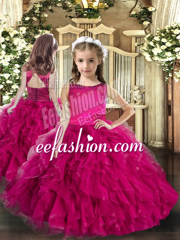 Custom Made Scoop Sleeveless Lace Up Child Pageant Dress Fuchsia Tulle