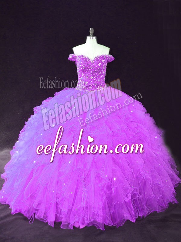 Best Selling Purple Off The Shoulder Neckline Beading and Ruffles Quinceanera Gowns Sleeveless Lace Up