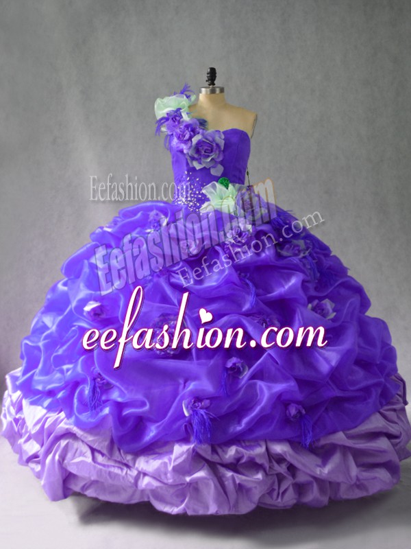 Vintage Purple Organza Lace Up Ball Gown Prom Dress Sleeveless Floor Length Pick Ups and Hand Made Flower