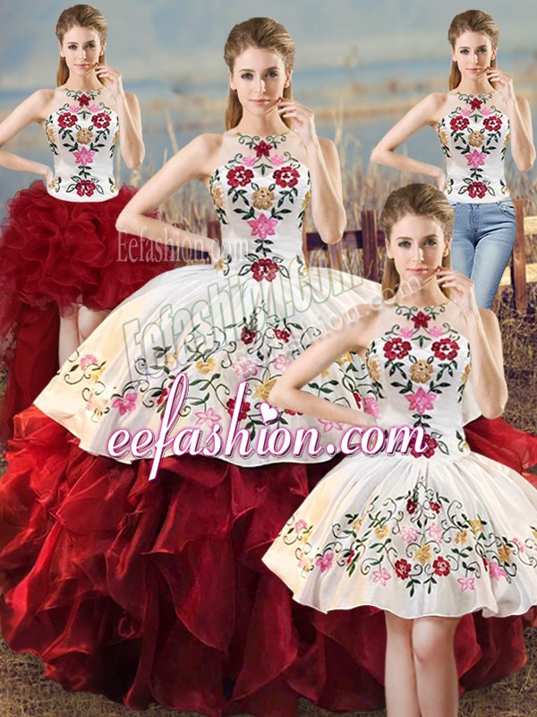  Embroidery and Ruffles Quinceanera Gown White And Red Lace Up Sleeveless Floor Length