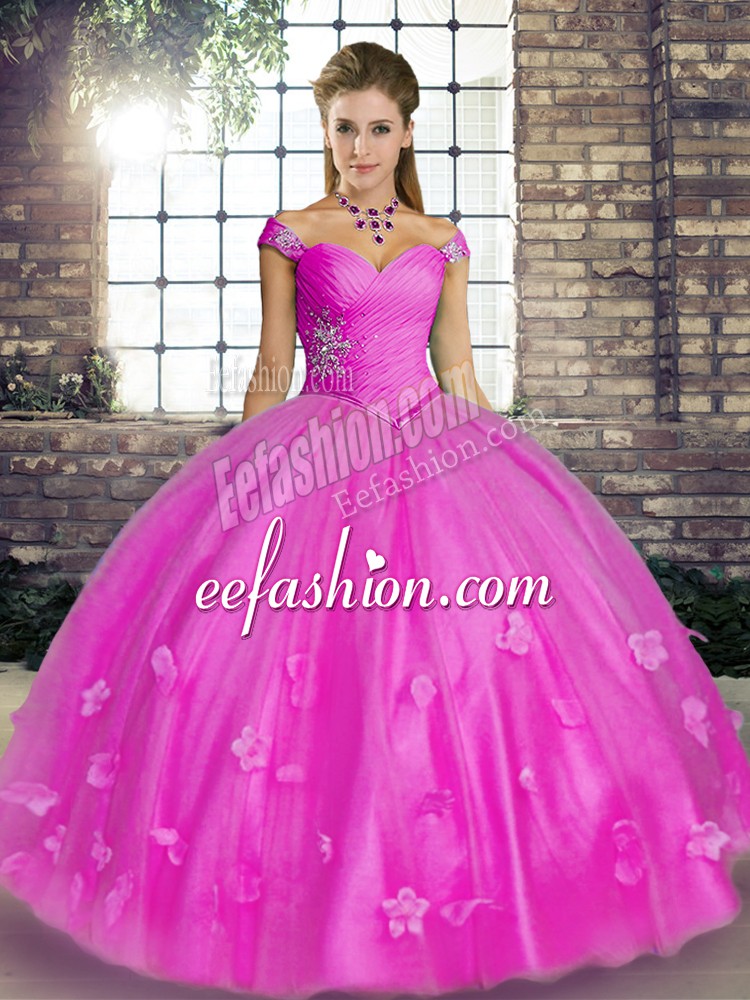 Customized Lilac Ball Gowns Tulle Off The Shoulder Sleeveless Beading and Appliques Floor Length Lace Up Quinceanera Dress