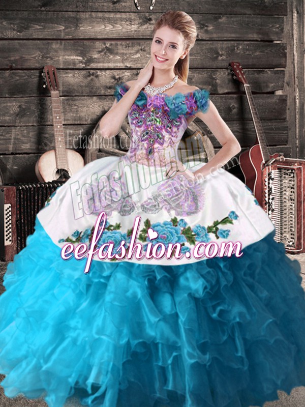  Teal Sleeveless Floor Length Embroidery and Ruffles Lace Up 15th Birthday Dress