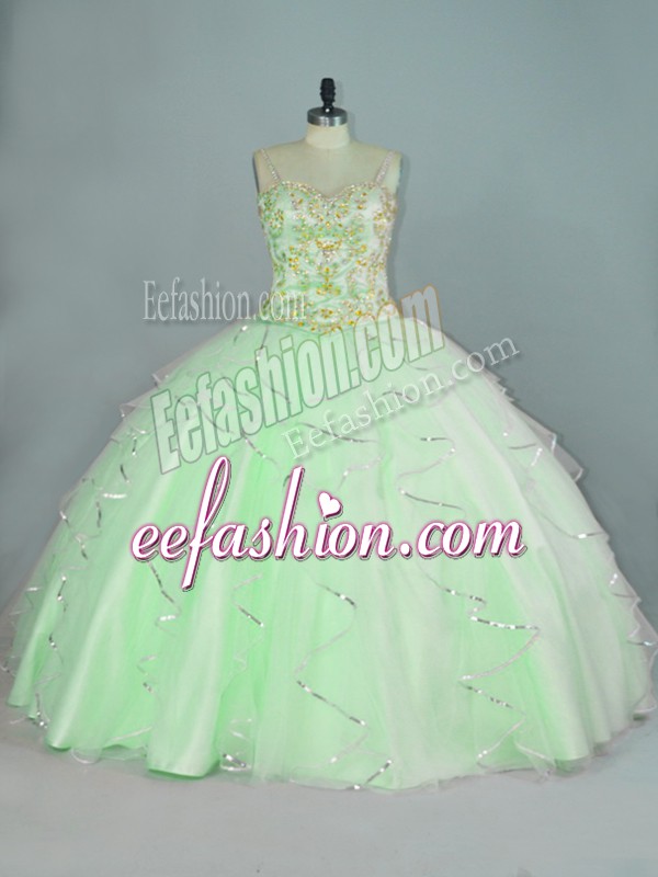 Sumptuous Apple Green Ball Gowns Straps Sleeveless Organza Floor Length Lace Up Beading and Ruffles Quince Ball Gowns