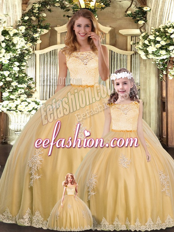  Scoop Sleeveless Sweet 16 Dress Floor Length Lace and Appliques Gold Tulle