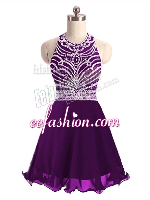  Chiffon Halter Top Sleeveless Lace Up Beading Evening Dress in Eggplant Purple