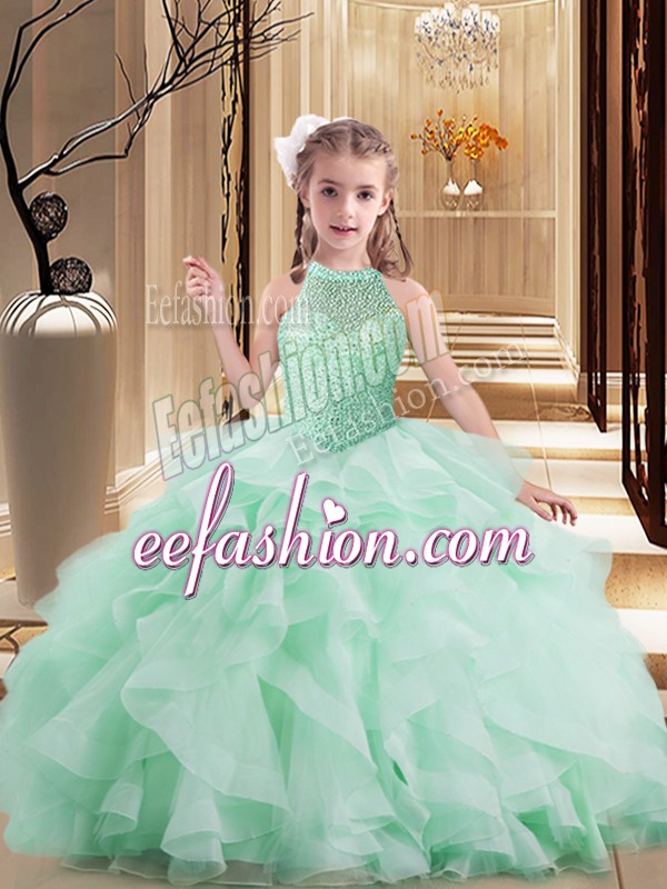  Apple Green Little Girls Pageant Gowns Party and Sweet 16 and Wedding Party with Beading and Ruffles High-neck Sleeveless Lace Up