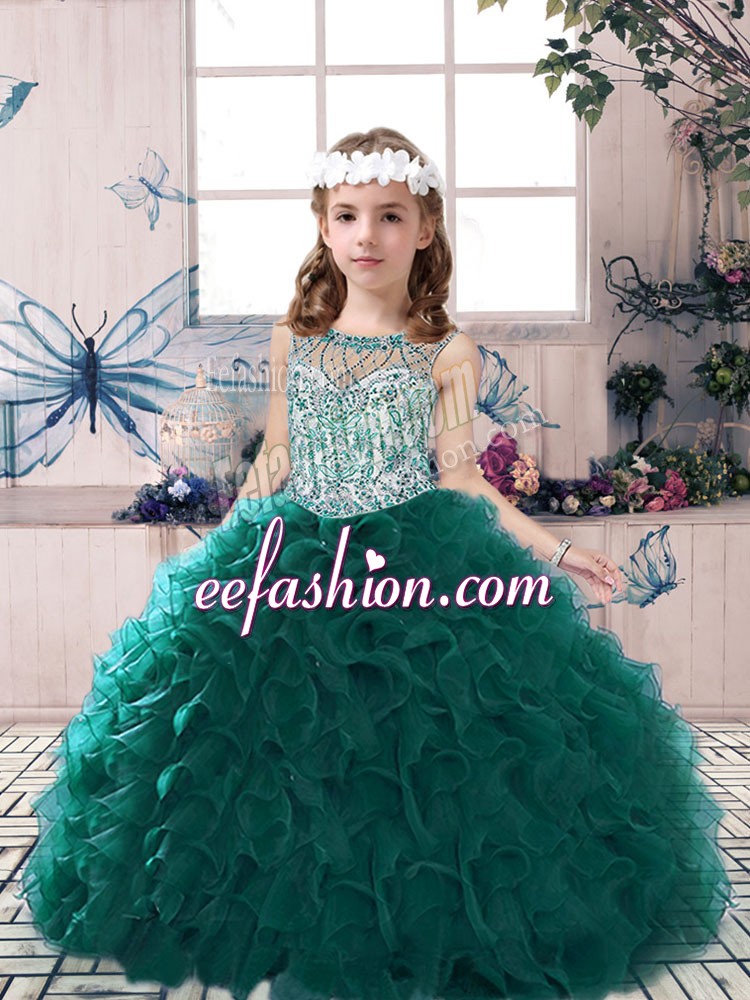  Peacock Green Sleeveless Floor Length Beading and Ruffles Lace Up Pageant Dress for Teens