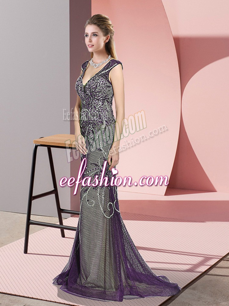 Latest V-neck Sleeveless Sweep Train Zipper Prom Evening Gown Purple Tulle