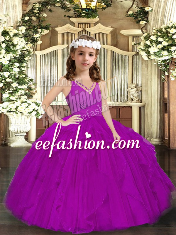  V-neck Sleeveless Zipper Little Girl Pageant Dress Purple Tulle