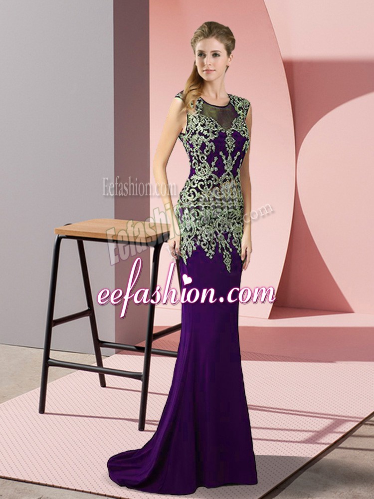 Custom Fit Purple Prom Dresses Satin Sweep Train Sleeveless Appliques