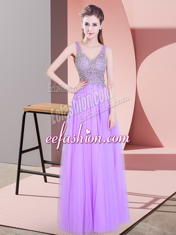  Lavender Sleeveless Beading Floor Length Prom Evening Gown