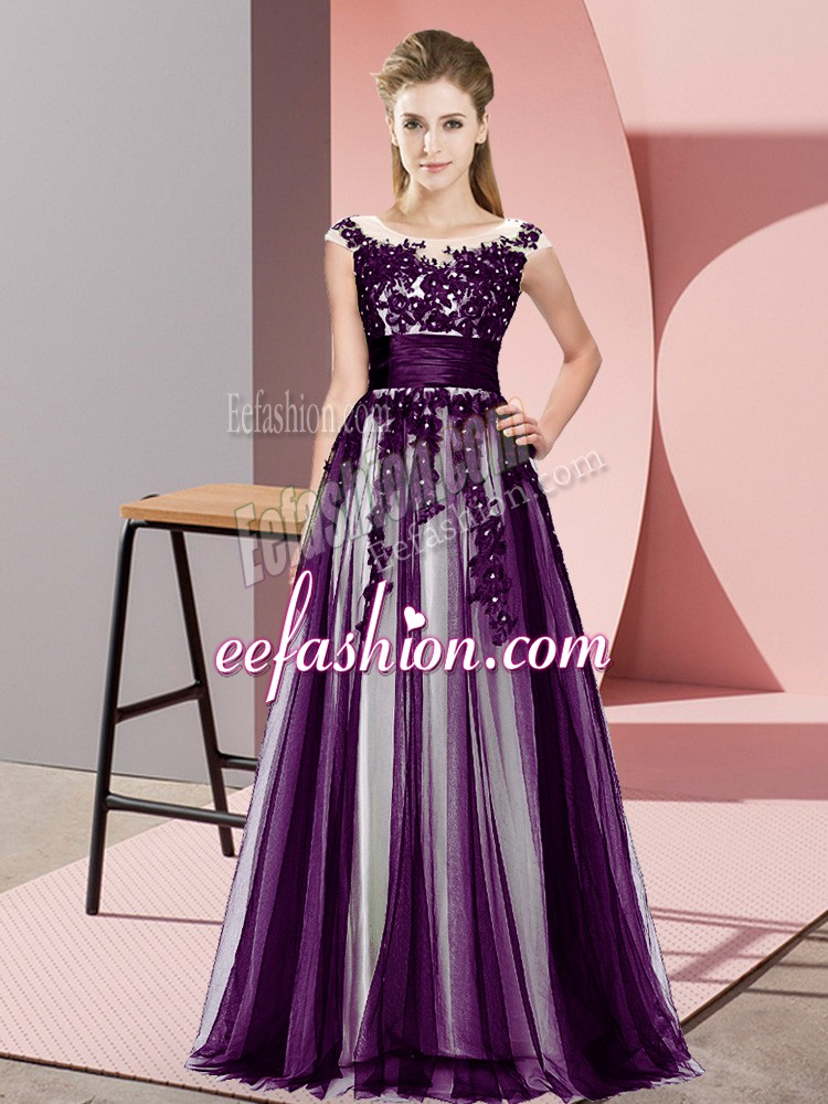 Super Dark Purple Sleeveless Floor Length Beading and Lace Zipper Bridesmaid Dress