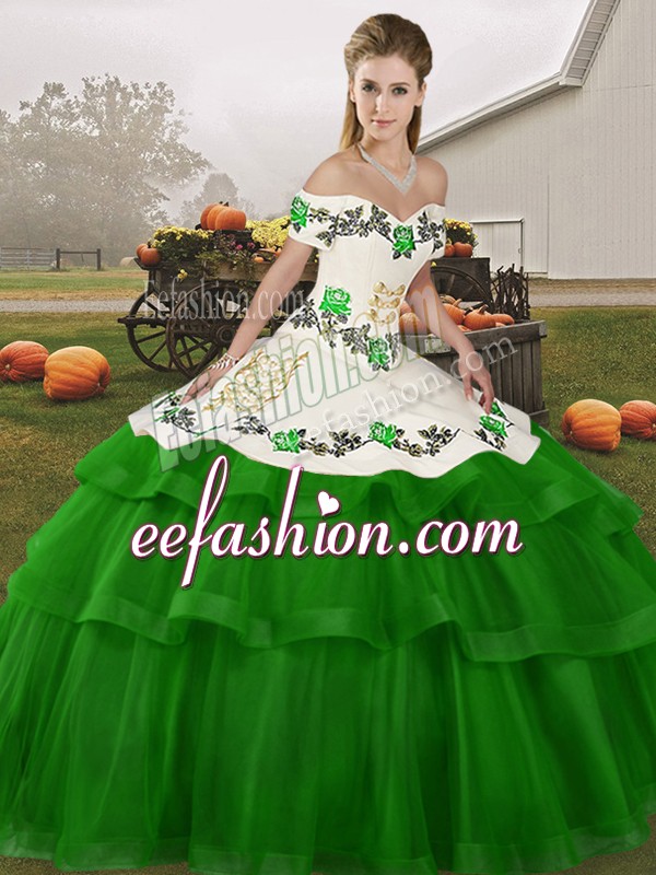 Noble Green Lace Up 15th Birthday Dress Embroidery and Ruffled Layers Sleeveless Brush Train