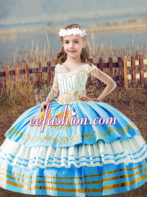  Baby Blue Satin Lace Up Off The Shoulder Sleeveless Floor Length Pageant Dress Toddler Embroidery