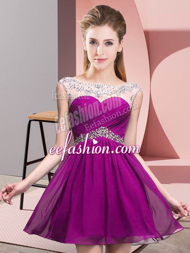  Fuchsia Sleeveless Mini Length Beading and Ruching Backless Prom Dress