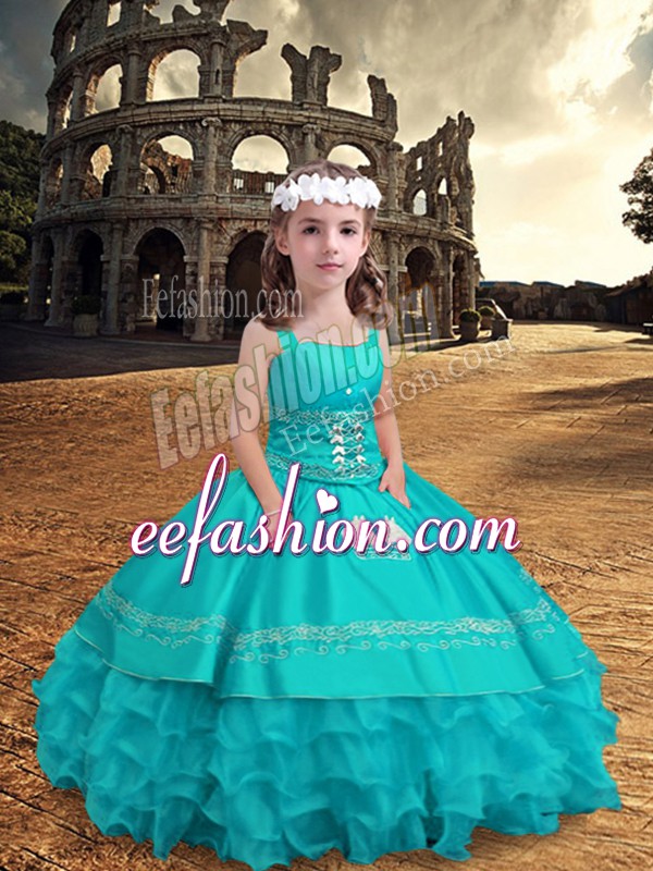 Custom Designed Aqua Blue Ball Gowns Straps Sleeveless Satin and Organza Floor Length Zipper Embroidery and Ruffled Layers Little Girl Pageant Gowns