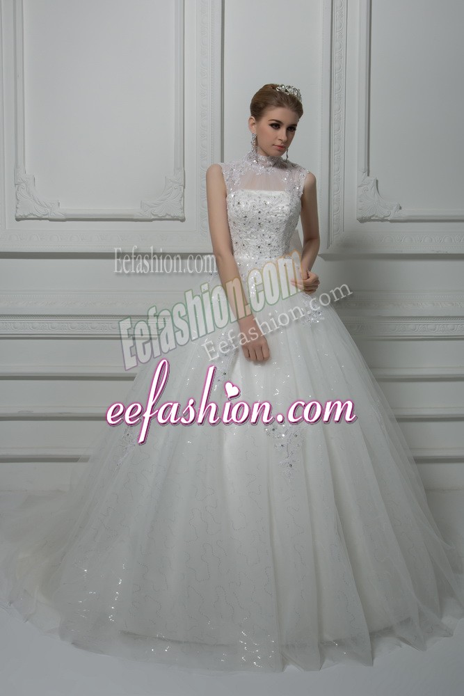 Comfortable White High-neck Neckline Beading and Lace and Bowknot Wedding Dresses Sleeveless Lace Up