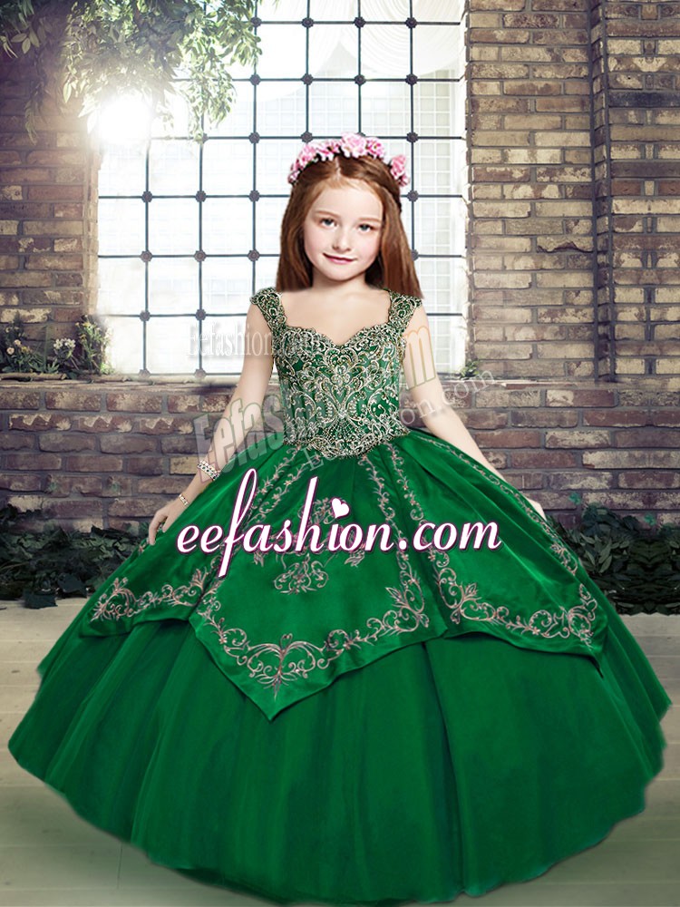 Perfect Floor Length Dark Green Glitz Pageant Dress Straps Sleeveless Lace Up