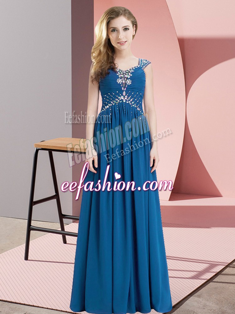  Blue Straps Lace Up Beading Prom Gown Cap Sleeves