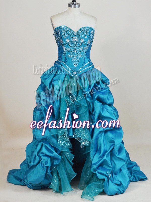 Artistic High Low Lace Up Dress for Prom Teal for Prom and Party with Beading and Pick Ups