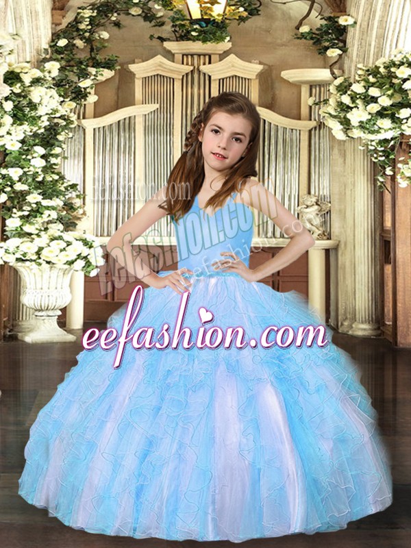  Straps Sleeveless Little Girl Pageant Dress Floor Length Ruffles Aqua Blue Tulle