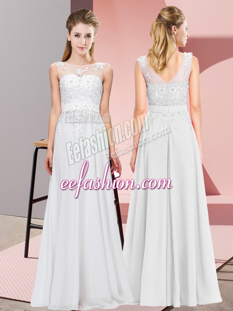 Affordable Floor Length Zipper Wedding Party Dress White for Wedding Party with Beading and Appliques
