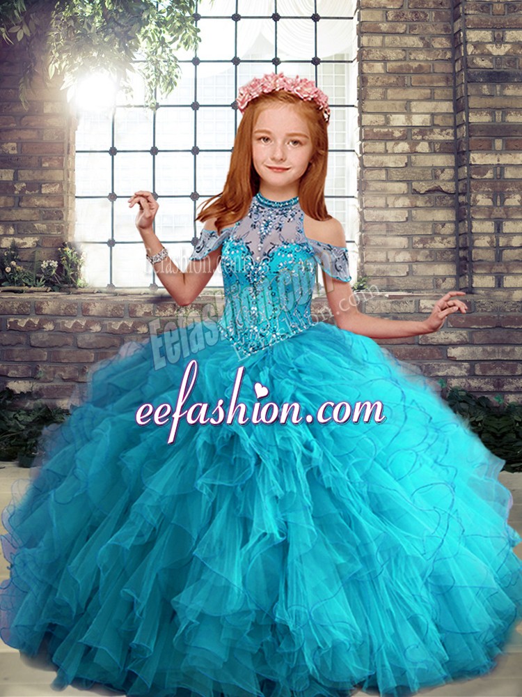 Low Price Sleeveless Lace Up Floor Length Beading and Ruffles Little Girls Pageant Dress