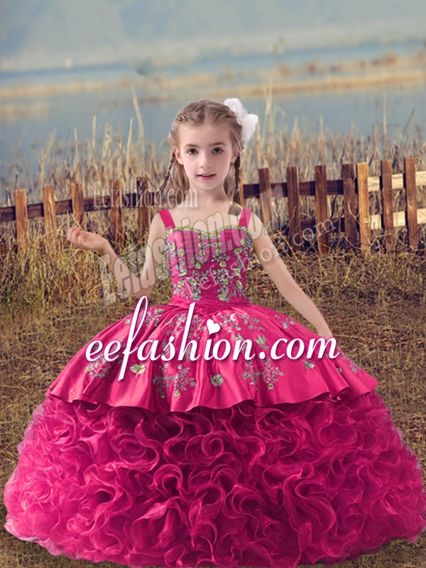  Lace Up Girls Pageant Dresses Hot Pink for Wedding Party with Embroidery Sweep Train