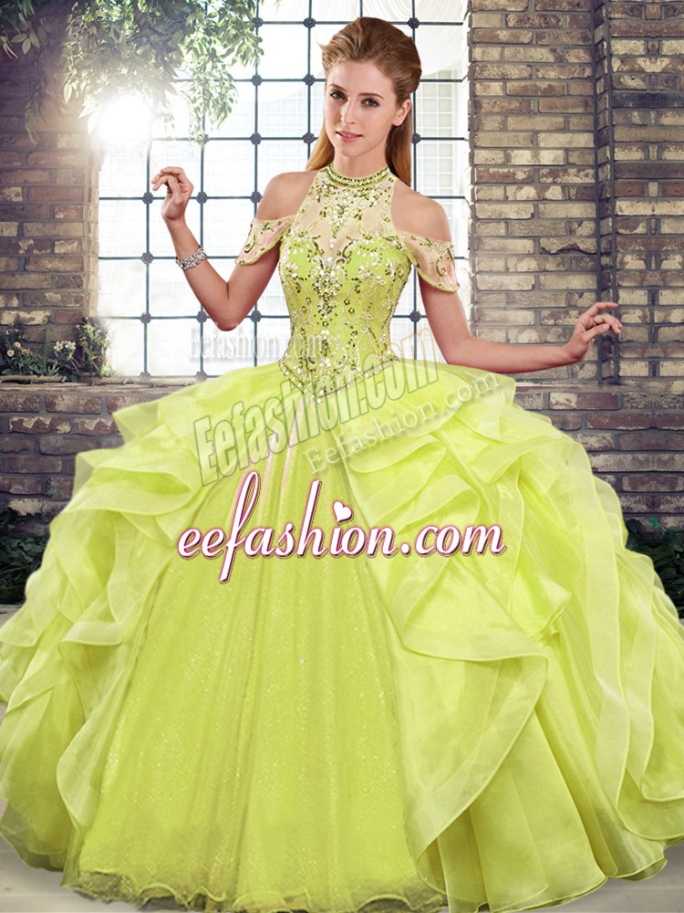 Super Halter Top Sleeveless Organza Quinceanera Dress Beading and Ruffles Lace Up