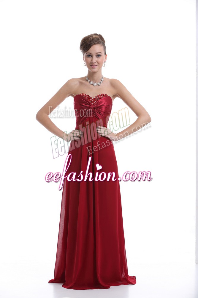 Flirting Sleeveless Floor Length Beading Lace Up Dress for Prom with Wine Red