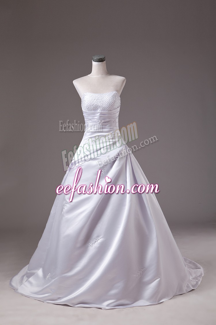  Ball Gowns Sleeveless White Wedding Gown Brush Train Lace Up