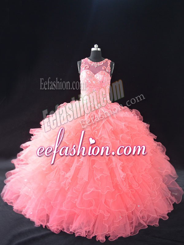 Edgy Sleeveless Organza Floor Length Lace Up Quinceanera Gowns in Watermelon Red with Beading and Ruffles