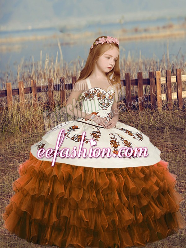  Column/Sheath Pageant Gowns For Girls Brown Straps Organza Sleeveless Floor Length Lace Up