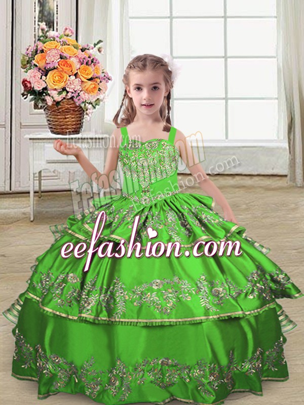  Green Ball Gowns Satin Straps Sleeveless Embroidery and Ruffled Layers Floor Length Lace Up Girls Pageant Dresses