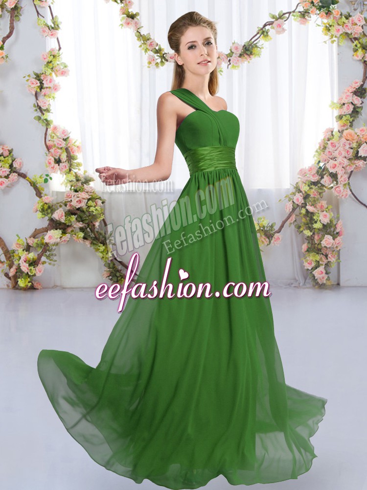 Elegant One Shoulder Sleeveless Bridesmaids Dress Floor Length Ruching Green Chiffon