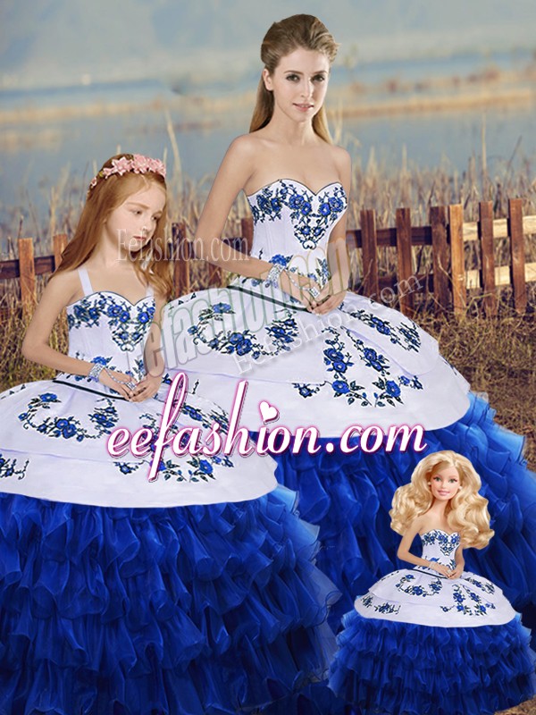  Royal Blue Lace Up Sweetheart Embroidery and Ruffled Layers and Bowknot Sweet 16 Dresses Organza Sleeveless